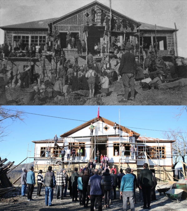 Restore edilen tarihi okul önünde 90 yıl önceki fotoğraf yeniden çektirildi